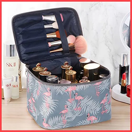 Wolpin Professional Large Cosmetic Makeup Kit Storage Organizer Travel Toiletry Vanity Bag with Big Compartment, Waterproof Makeup Brush Holder Portable (22.5 x 17 x 15 cm) Flamingo Design, Multicolor