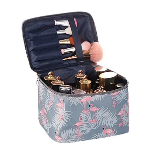 Wolpin Professional Large Cosmetic Makeup Kit Storage Organizer Travel Toiletry Vanity Bag with Big Compartment, Waterproof Makeup Brush Holder Portable (22.5 x 17 x 15 cm) Flamingo Design, Multicolor