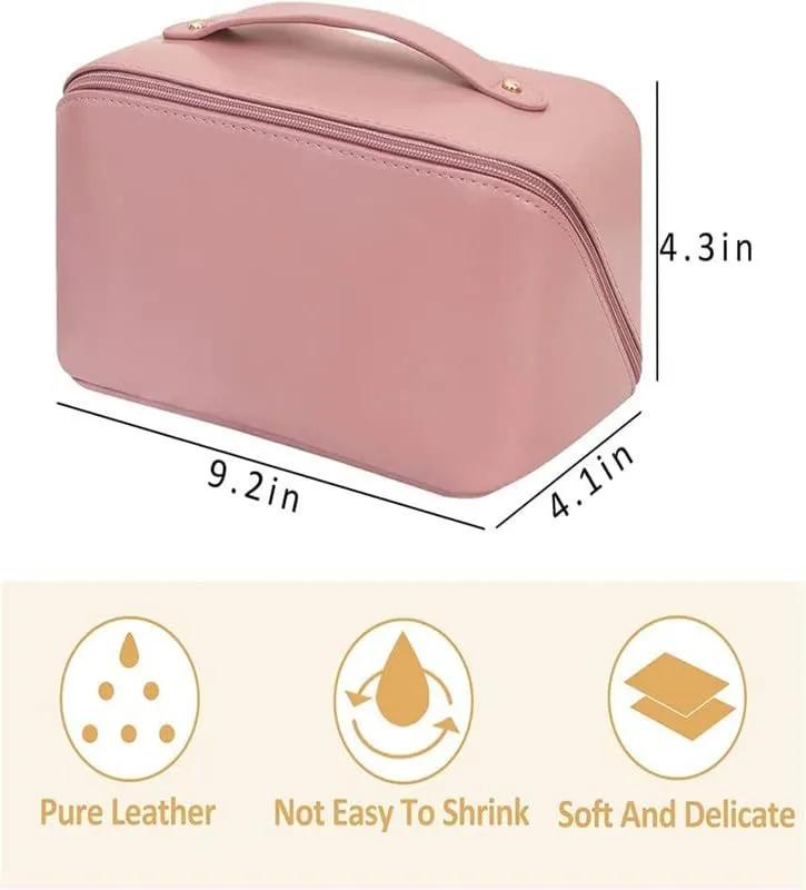 XIVUMN Large Capacity 12 Cms Cosmetic Travel Bag, Women's Makeup Travel Bag Portable Leather Cosmetics Bag, Wide Opening Cosmetic/Makeup Organizer Bags(Pink)